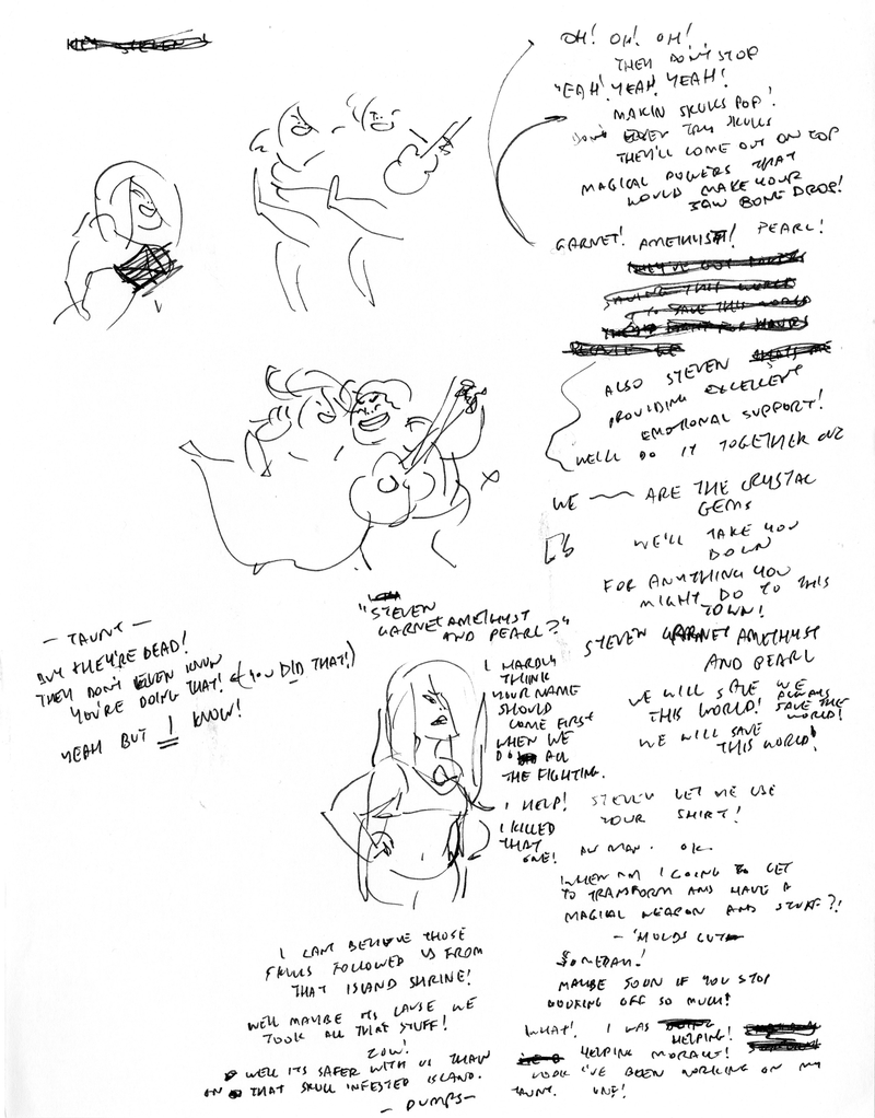 Music is always integral to Rebecca’s animated work. For the Steven pilot, Rebecca knew that Steven would play and sing a silly song about himself and the Gems, which would become the series theme song. These early sketched pages include Rebecca’s initial drafts of the lyrics and other early drawings of the characters.